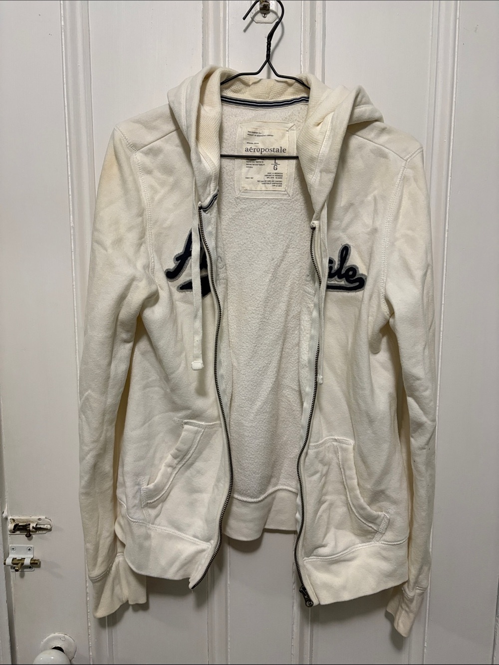 Aeropostale Women's Off-White Zip Hoodie with Navy Script